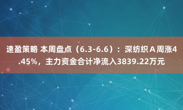 速盈策略 本周盘点（6.3-6.6）：深纺织Ａ周涨4.45%，主力资金合计净流入3839.22万元